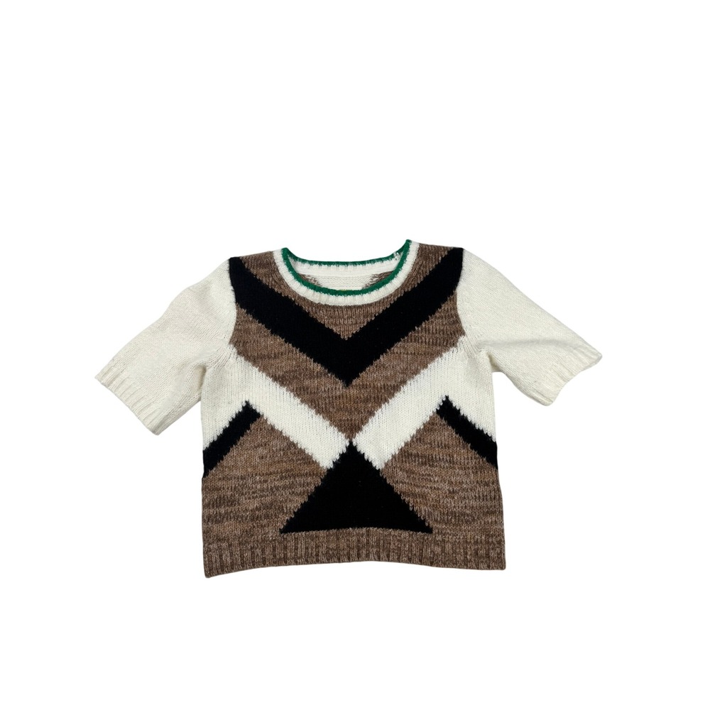 Maeve Anthropologie Womens Medium Geometric Chevron Short Sleeve Sweater Brown